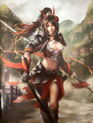 Rule 34 | 1girl, absurdres, armor, bad id, bad pixiv id, breasts, brown eyes, brown hair, cleavage, closed mouth, dual wielding, faulds, floating hair, haoba, high ponytail, highres, holding, holding polearm, holding sword, holding weapon, legend of the three kingdoms, long hair, looking at viewer, medium breasts, midriff, navel, outdoors, polearm, red skirt, shoulder armor, skirt, smile, solo, standing, stomach, sword, very long hair, weapon