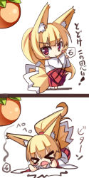 Rule 34 | &gt; &lt;, 1girl, :&lt;, :o, animal ears, barefoot, blonde hair, blush stickers, chibi, closed mouth, comic, closed eyes, falling, fox ears, fox girl, fox tail, hakama, hakama skirt, high ponytail, highres, japanese clothes, long hair, long sleeves, lying, miko, on stomach, open mouth, original, outstretched arms, ponytail, red eyes, red hakama, skirt, standing, standing on one leg, tail, throwing, translation request, very long hair, wide sleeves, yuuji (yukimimi)