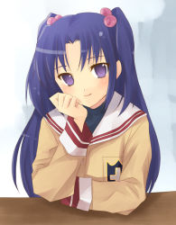 Rule 34 | 00s, 1girl, blue hair, blush, breast pocket, buttons, clannad, closed mouth, gradient background, hair bobbles, hair ornament, hand on own cheek, hand on own face, head tilt, hijiki (hijikini), hijikini, ichinose kotomi, long hair, long sleeves, looking at viewer, parted bangs, pocket, purple eyes, school uniform, serafuku, sleeve cuffs, solo, tsurime, two side up, upper body, very long hair