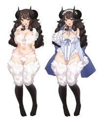 Rule 34 | 1girl, :d, animal ears, animal feet, bare shoulders, bell, black hair, breasts, bridal gauntlets, commentary, detached sleeves, frilled sleeves, frills, full body, headdress, highres, hooves, horizontal pupils, horns, iwbitu, large breasts, long hair, long sleeves, looking at viewer, monster girl, multiple views, navel, neck bell, open mouth, original, puffy short sleeves, puffy sleeves, sheep ears, sheep girl, short eyebrows, short sleeves, simple background, smile, thick eyebrows, thigh gap, variations, white background, white fur, wide sleeves, yellow eyes