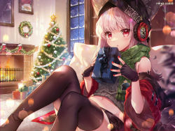 Rule 34 | 1girl, animal ears, arknights, black gloves, black thighhighs, christmas, christmas lights, christmas ornaments, christmas present, christmas tree, cushion, eyes visible through hair, fingerless gloves, fire, fireplace, food, fox ears, framed image, frostleaf (arknights), gift, gloves, green scarf, headphones, highres, holding, holding gift, jacket, jacket partially removed, lens flare, lens flare abuse, light blush, light particles, log, long hair, looking at viewer, material growth, midriff peek, nail polish, ninjinshiru, oripathy lesion (arknights), oversized clothes, parted lips, red eyes, red nails, rhodes island logo (arknights), sandwich, scarf, sitting, sleeveless, sleeveless turtleneck, snow, snowflakes, snowing, solo, tank top, thighhighs, turtleneck, white hair, window, woollen cap
