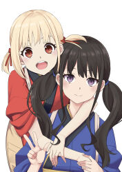 Rule 34 | 2girls, absurdres, apron, black hair, blonde hair, blue kimono, blush, closed mouth, commentary request, hair ribbon, hand up, highres, hug, hug from behind, inoue takina, japanese clothes, kimono, long hair, looking at viewer, lycoris recoil, multiple girls, needle (needlebomb), nishikigi chisato, open mouth, purple hair, red eyes, red kimono, red ribbon, ribbon, simple background, smile, teeth, twintails, two side up, upper teeth only, w, white background