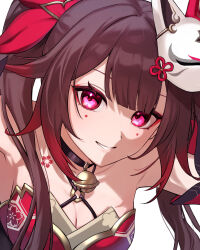 1girl bell breasts brown_hair choker cleavage commentary_request detached_sleeves eyeshadow fox_mask highres hijiri_(sacra_0419) honkai:_star_rail honkai_(series) japanese_clothes looking_at_viewer makeup mask mask_on_head medium_breasts neck_bell parted_lips pink_eyes red_eyeshadow shoulder_tattoo smile solo sparkle_(honkai:_star_rail) tattoo twintails