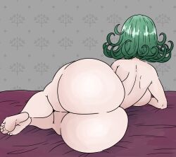 Rule 34 | 1girl, absurdres, ass, breasts, completely nude, feet, female focus, from behind, full body, green hair, highres, huge ass, inakotho1, large breasts, lying, medium hair, nude, on side, one-punch man, solo, tatsumaki, thick thighs, thighs, toes, wide hips