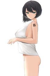 Rule 34 | 1girl, absurdres, bare shoulders, black hair, blush, bottomless, breasts, closed mouth, covered erect nipples, cowboy shot, expressionless, from side, green eyes, highres, large breasts, looking at viewer, looking to the side, lordol, number tattoo, original, short hair, shoulder tattoo, sideboob, simple background, sleeveless, solo, tank top, tattoo, white background, white tank top