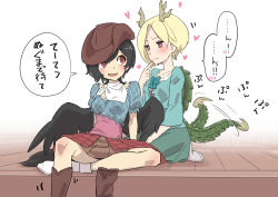 Rule 34 | 2girls, :d, antlers, arm support, bandana, black hair, blonde hair, blue shirt, blue skirt, blush, boots, breasts, brown footwear, brown headwear, brown skirt, collarbone, commentary request, cowboy hat, dragon horns, dragon tail, feet out of frame, finger to mouth, hair between eyes, hand up, hat, heart, highres, horns, kawayabug, kicchou yachie, kurokoma saki, long sleeves, looking at another, medium breasts, miniskirt, multiple girls, open mouth, pleated skirt, puffy short sleeves, puffy sleeves, red eyes, seiza, shirt, short hair, short sleeves, single boot, sitting, skirt, smile, socks, speech bubble, tail, tail wagging, touhou, translation request, unworn boots, white background, white legwear, yuri