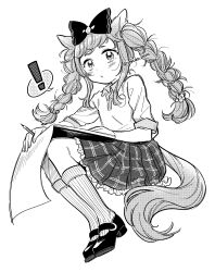 ! 1girl agnes_digital_(umamusume) alternate_costume alternate_hairstyle blush bow commentary_request flower hair_between_eyes hair_bow hair_ornament highres looking_at_viewer monochrome pencil school_uniform sketch solo twitter_username umamusume white_background yokuko_zaza