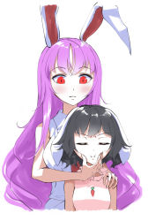 Rule 34 | 2girls, absurdres, animal ears, bare shoulders, black hair, blush, breasts, carrot necklace, closed eyes, closed mouth, collared shirt, commentary request, dress, grey skirt, hair between eyes, hand on another&#039;s cheek, hand on another&#039;s face, hand on another&#039;s shoulder, hands up, highres, inaba tewi, jewelry, large breasts, long hair, looking at another, looking down, medium breasts, multiple girls, necklace, otomeza ryuseigun, pink dress, purple hair, rabbit ears, red eyes, reisen udongein inaba, shirt, short hair, simple background, skirt, sleeveless, sleeveless dress, sleeveless shirt, touhou, upper body, v-shaped eyebrows, white background, white shirt
