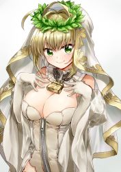 Rule 34 | &gt;:), 10s, 1girl, ahoge, bad id, bad pixiv id, bare shoulders, belt, blonde hair, breast suppress, breasts, chain, cleavage, closed mouth, detached collar, detached sleeves, elbow gloves, fate/extra, fate/extra ccc, fate (series), flower, gloves, green eyes, hair intakes, head wreath, lock, looking at viewer, medium breasts, nero claudius (bride) (fate), nero claudius (bride) (third ascension) (fate), nero claudius (fate), nero claudius (fate) (all), padlock, simple background, smile, solo, strapless, upper body, v-shaped eyebrows, veil, white background, white gloves, wide sleeves, yamabukiiro, zipper