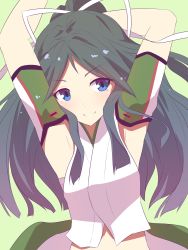 Rule 34 | arm behind head, armpits, arms up, black hair, blue eyes, breasts, green background, highres, kantai collection, katsuragi (kancolle), koumei (twinameless), long hair, small breasts, smile, solo