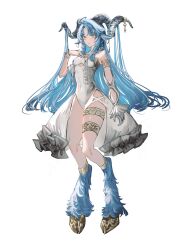 Rule 34 | 1girl, absurdres, animal ears, blue hair, blue nails, bracelet, breasts, closed mouth, covered navel, dress, earrings, expressionless, floating, full body, gawako, goat ears, goat girl, goat horns, gold trim, hair on horn, hand up, hieroglyphics, highres, hooves, horn ornament, horns, jewelry, long hair, looking at viewer, monster girl, nail polish, open clothes, open dress, original, simple background, single bare shoulder, small breasts, solo, tachi-e, thighlet, thighs, white background, white dress, yellow eyes