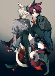 Rule 34 | 2boys, animal ears, bishounen, black gloves, black thighhighs, blush, boots, cat boy, cat ears, cat tail, crossdressing, final fantasy, final fantasy xiv, full body, gloves, gradient background, grey background, grey eyes, grey hair, hair over one eye, hat, highres, intertwined tails, knees up, looking at viewer, male focus, mini hat, miqo&#039;te, multiple boys, ptptprpr, red eyes, red hair, scar, scar on face, shiny clothes, short hair, sitting, slit pupils, smile, tail, thigh boots, thighhighs, thighhighs under boots, trap, warrior of light (ff14), yaoi