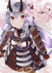 Rule 34 | cherry blossoms, fate/grand order, fate (series), hair ribbon, highres, holding, holding weapon, horns, looking at viewer, red eyes, ribbon, smile, solo, sword, tomoe gozen (fate), weapon, white hair, yufou