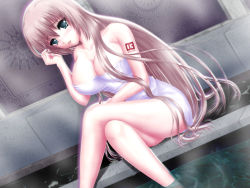 Rule 34 | 1girl, bare shoulders, blue eyes, blue nails, breasts, cleavage, dutch angle, impossible towel, large breasts, crossed legs, long hair, megurine luka, nail polish, naked towel, nohoho (kakikonchi), pink hair, sitting, soaking feet, solo, tattoo, tears, towel, very long hair, vocaloid, water