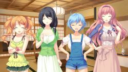 Rule 34 | 4girls, ayase hazuki, black hair, blue hair, breasts, crossed arms, closed eyes, game cg, hands on own hips, happy, kamidere, large breasts, legs, long hair, multiple girls, open mouth, orange hair, pink hair, short hair, skirt, small breasts, smile, standing, statue, thighs, tokunaga hoshino, twintails
