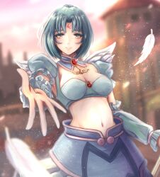 Rule 34 | .hack//, .hack//sign, 1girl, angel wings, blue bra, blue hair, blue skirt, blue sleeves, blurry, blurry background, blush, bob cut, bra, breasts, brooch, brown eyes, city, cleavage, commentary, depth of field, detached collar, detached sleeves, dusk, facial mark, feathered wings, feathers, foreshortening, highres, jewelry, light particles, medium breasts, midriff, mononoke-matsuri, navel, parted bangs, parted lips, pink sky, puffy short sleeves, puffy sleeves, reaching, reaching towards viewer, short hair, short sleeves, skirt, sky, smile, solo, spread fingers, standing, subaru (.hack//), sunset, underwear, upper body, white feathers, white wings, wings
