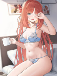 Rule 34 | 1girl, bare shoulders, bed, bedroom, blue bra, blue panties, blurry, blurry background, blush, bra, breasts, cleavage, coffee, coffee mug, collarbone, collared shirt, cup, dress shirt, genshin impact, green eyes, highres, holding, holding cup, indoors, large breasts, long hair, long sleeves, looking at viewer, medium breasts, mug, navel, nilou (genshin impact), on bed, one eye closed, open clothes, open mouth, open shirt, panties, picture frame, pillow, red hair, rubbing eyes, shirt, sidelocks, sitting, smile, solo, sp123, thighs, underwear, underwear only, variant set, waking up, white shirt