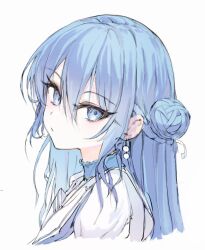 Rule 34 | 1girl, absurdres, blue choker, blue eyes, blue hair, choker, closed mouth, collared shirt, commentary, earrings, english commentary, eyelashes, eyeliner, hair between eyes, hair bun, head tilt, highres, hololive, hoshimachi suisei, jewelry, karyln, long hair, looking at viewer, makeup, official alternate costume, portrait, shirt, sidelocks, simple background, single side bun, solo, star (symbol), star in eye, symbol in eye, virtual youtuber, white background, white shirt