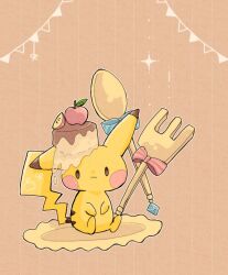 Rule 34 | animal focus, brown background, cake, colored skin, commentary request, creatures (company), food, food on head, fork, game freak, gen 1 pokemon, hanabusaoekaki, nintendo, no humans, object on head, pikachu, pokemon, pokemon (creature), sitting, solid oval eyes, sparkle, spoon, striped, striped background, tail, yellow skin