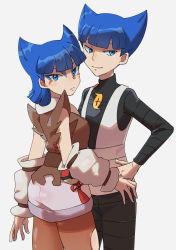 Rule 34 | 1boy, 1girl, black pants, black shirt, blue eyes, blue hair, blunt bangs, brown vest, closed mouth, coin (pokemon), commentary request, cowboy shot, creatures (company), game freak, hand on own hip, highres, kono2noko, logo, looking at viewer, nintendo, pants, pantyhose, pokemon, pokemon dppt, pokemon legends: arceus, saturn (pokemon), shirt, short hair, smile, team galactic, team galactic uniform, torn clothes, torn legwear, vest, white background, white vest