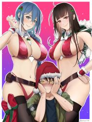 Rule 34 | 1boy, 2girls, @ @, alternate costume, arm up, artist name, bare shoulders, belt, between breasts, bikini, black thighhighs, blue hair, blue shirt, blush, border, bow, bowtie, braid, breasts, brown belt, brown hair, cape, christmas, cleavage, closed mouth, commander (girls&#039; frontline), commentary, darkpulsegg, detached collar, dp-12 (girls&#039; frontline), dsr-50 (girls&#039; frontline), english commentary, feet out of frame, girls&#039; frontline, green jacket, grey eyes, griffin &amp; kryuger, hair ornament, hairclip, hand on own hip, hands on own cheeks, hands on own face, happy new year, hat, highres, jacket, jewelry, large breasts, lips, long hair, looking at viewer, multiple girls, navel, necktie, necktie between breasts, new year, open mouth, parted lips, red bikini, red eyes, red wrist cuffs, ring, santa bikini, santa hat, shirt, short hair, simple background, single braid, sleeves rolled up, smile, standing, sweatdrop, swimsuit, thighhighs, thighs, white border, white bow, white bowtie, white necktie, wrist cuffs, yellow eyes