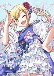 Rule 34 | 1girl, bare shoulders, blonde hair, blue background, blue dress, cherry blossoms, cowboy shot, dated, dress, floral print, flower, frilled dress, frilled sleeves, frills, from below, hair flower, hair ornament, hand on own hip, henjin no salad bowl, highres, light particles, looking at viewer, looking down, multicolored clothes, multicolored hair, off-shoulder dress, off shoulder, one eye closed, open mouth, pink hair, ribbon, sakiko (oxab b), sakuramon, salute, sara da odin, short sleeves, signature, smile, solo, streaked hair, twintails, white dress, yellow eyes