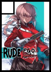 Rule 34 | 1girl, braid, breasts, closed mouth, fate/grand order, fate (series), florence nightingale (fate), gloves, gun, hair between eyes, holding, holding gun, holding weapon, jacket, karlwolf, large breasts, looking at viewer, military, military jacket, military uniform, pink hair, pleated skirt, red eyes, red jacket, single braid, skirt, standing, uniform, weapon, white gloves