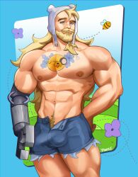 Rule 34 | 1boy, abs, absurdres, adventure time, aged up, bara, beard, bee, blonde hair, bug, bulge, chest tattoo, denim, denim shorts, erection, erection under clothes, facial hair, feet out of frame, finn the human, highres, insect, large pectorals, long beard, long hair, looking at viewer, male focus, male pubic hair, mature male, mechanical arms, muscular, muscular male, mustache, navel, nipples, open fly, pectorals, pubic hair, shorts, single mechanical arm, solo, standing, stomach, tattoo, thick eyebrows, thick mustache, tied beard, topless male, v-taper, very long hair, yawmie