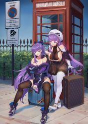 Rule 34 | 2girls, absurdres, bb (fate), bb (fate/extra), black legwear, boots, breasts, cleavage, english text, fate (series), highres, long hair, luggage, meltryllis (fate), multiple girls, no pants, nox13, off-shoulder jacket, off shoulder, painting (medium), pantyhose, purple eyes, purple hair, rolling suitcase, roxasnox, see-through, standing, suitcase, thigh boots, thighhighs, traditional media, very long hair, watercolor (medium), white legwear
