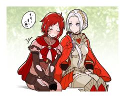 Rule 34 | 2girls, armor, black gloves, blurry, blurry background, blush, cape, closed mouth, earrings, edelgard von hresvelg, closed eyes, fire emblem, fire emblem: three houses, fire emblem warriors: three hopes, gloves, green background, highres, jewelry, leaf, leaf background, long hair, looking at another, looking down, monica von ochs, multiple girls, nieto tokage, nintendo, official alternate costume, official alternate hairstyle, purple eyes, red cape, red hair, short hair, simple background, sitting, sweatdrop, thighhighs, translation request, white hair, zettai ryouiki