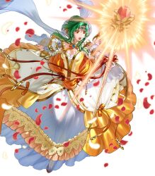 Rule 34 | 1girl, bracelet, breasts, brown eyes, cleavage, dress, elincia ridell crimea, feathers, fire emblem, fire emblem: radiant dawn, fire emblem heroes, frilled dress, frilled skirt, frills, full body, glowing, gold trim, green hair, hair bun, highres, holding, jewelry, kita senri, long dress, long skirt, long sleeves, looking away, medium breasts, nintendo, non-web source, official art, open mouth, petals, puffy sleeves, ribbon, see-through, sidelocks, single hair bun, skirt, solo, staff, teeth, tiara, transparent background, upper teeth only
