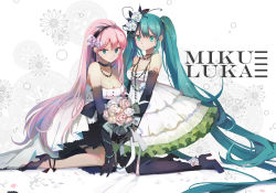 Rule 34 | 2girls, black choker, black footwear, black gloves, black hairband, black legwear, bouquet, breasts, character name, choker, cleavage, closed mouth, commentary request, dress, elbow gloves, floral background, flower, gloves, green eyes, green hair, hair between eyes, hair flower, hair ornament, hairband, hatsune miku, high heels, holding, holding bouquet, jewelry, kneeling, layered dress, long hair, looking at viewer, medium breasts, megurine luka, multiple girls, necklace, pink hair, pleated dress, purple flower, purple rose, rose, shadowsinking, shoes, strapless, strapless dress, thighhighs, twintails, very long hair, vocaloid, white dress, white flower, white rose