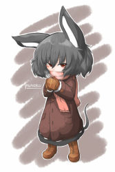 Rule 34 | 1girl, animal ears, bad id, bad pixiv id, boots, coat, gloves, grey hair, inunoko., mouse ears, mouse tail, nazrin, parody, red eyes, scarf, solo, style parody, tail, touhou