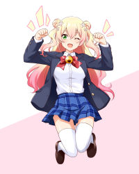 Rule 34 | 1girl, ;d, alternate costume, blonde hair, blue skirt, blush, bow, bowtie, breasts, fang, felutiahime, flower, green eyes, hair between eyes, hair flower, hair ornament, highres, hololive, jacket, loafers, long hair, long sleeves, looking at viewer, momosuzu nene, multicolored hair, one eye closed, open mouth, pink hair, plaid, plaid skirt, school uniform, shirt, shoes, skirt, smile, solo, thighhighs, virtual youtuber, white shirt