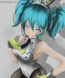 1girl animal_ears aqua_eyes aqua_hair bicute_bunnies_miku bicute_bunnies_miku_(street) breasts fake_animal_ears fishnet_pantyhose fishnets gloves hatsune_miku highres joestarmauo pantyhose rabbit_ears simple_background solo_focus twintails upper_body vocaloid yellow_gloves