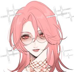 Rule 34 | 1girl, absurdres, commentary request, countess chelsea (path to nowhere), glasses, highres, jewelry, long hair, looking at viewer, necklace, parted lips, path to nowhere, pink eyes, pink hair, portrait, red lips, simple background, solo, sparkle, toho10min, white background