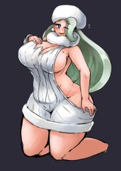 Rule 34 | 1girl, age difference, bad id, between breasts, blue eyes, blush, breasts, creatures (company), drawfag, face between breasts, game freak, green hair, hat, head between breasts, hetero, huge breasts, image sample, lipstick, makeup, mature female, melony (pokemon), meme attire, nintendo, pokemon, pokemon swsh, simple background, smile, solo, sweater, tagme, virgin killer sweater