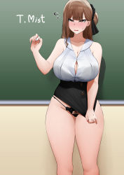 Rule 34 | 1girl, black panties, black skirt, blush, breasts, brown eyes, brown hair, chalk, chalkboard, classroom, collarbone, commentary, english commentary, female pubic hair, flying sweatdrops, hand up, high-waist skirt, highres, holding, holding chalk, indoors, large breasts, miniskirt, mivioppai, mole, mole under mouth, nose blush, open mouth, original, panties, pubic hair, revealing clothes, shirt, skirt, skirt tug, solo, standing, string panties, thick thighs, thighs, tsurime, underbust, underwear, white shirt
