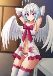 Rule 34 | 1girl, angel wings, antenna hair, armpits, arms behind head, arms up, babydoll, blue hair, blush, bow, breasts, closed mouth, collarbone, cowboy shot, elbow gloves, feathered wings, fitoria (tate no yuusha no nariagari), gloves, gradient hair, highres, indoors, kazenokaze, leaning on object, light frown, multicolored hair, navel, panties, purple bow, purple eyes, silver hair, small breasts, solo, table, tate no yuusha no nariagari, thighhighs, underwear, underwear only, white gloves, white panties, white thighhighs, white wings, wings