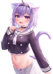 Rule 34 | 1girl, :3, :d, ahoge, animal collar, animal ear fluff, animal ears, black collar, black hairband, black legwear, black serafuku, blush, breasts, buttons, cat ears, cat girl, cat tail, clenched hand, collar, collarbone, commentary, cowboy shot, crop top, crossed bangs, deaver, double-breasted, groin, hair between eyes, hairband, hand up, highres, hololive, large breasts, long sleeves, looking at viewer, lowleg, lowleg shorts, medium breasts, midriff, navel, neckerchief, nekomata okayu, nekomata okayu (casual), open mouth, purple eyes, purple hair, sailor collar, school uniform, serafuku, short hair, shorts, sidelocks, simple background, smile, solo, standing, tail, twitter username, virtual youtuber, white background, white neckerchief, white shorts