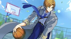 Rule 34 | 1boy, ball, basketball, basketball (object), basketball court, basketball hoop, belt, blue necktie, blue pants, brown belt, brown hair, buddy mission bond, cashiko, cloud, coat, collared shirt, cowboy shot, day, green eyes, grey coat, highres, holding, holding ball, leaning forward, long sleeves, looking to the side, luke (buddy mission bond), male focus, necktie, open clothes, open coat, pants, parted bangs, playing sports, shirt, short hair, sleeves rolled up, smile, solo, standing, striped clothes, striped shirt, sunlight, sweat, tie clip, trench coat, vertical-striped clothes, vertical-striped shirt, white shirt, wind