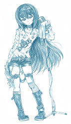 Rule 34 | 1girl, alternate costume, anklet, asymmetrical legwear, bbb (friskuser), belt, blue theme, boots, closed mouth, clothes pin, clothes writing, commentary, english text, fishnet legwear, fishnets, full body, girls und panzer, hairband, head tilt, highres, jewelry, light frown, long hair, long sleeves, looking at viewer, microphone stand, mismatched legwear, monochrome, punk, reizei mako, shirt, short shorts, shorts, sleeves past fingers, sleeves past wrists, solo, standing, studded belt, thigh strap, torn clothes, torn shirt, uneven legwear
