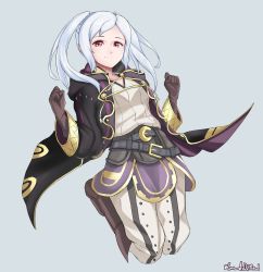 Rule 34 | 1girl, absurdres, belt, brown gloves, closed mouth, fire emblem, fire emblem awakening, fire emblem heroes, gloves, grima (fire emblem), grimmelsdathird, highres, legs up, long sleeves, nintendo, red eyes, robin (female) (fire emblem), robin (fire emblem), simple background, solo, twintails, twitter username, white hair