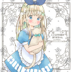 Rule 34 | 1girl, animal, apron, blue bow, blue dress, blue eyes, blue ribbon, blush, bow, cat, dress, emo (mikan), english text, floral background, frilled apron, frills, grey cat, hair bow, holding, holding animal, holding cat, light brown hair, long hair, looking ahead, mixed-language text, original, outside border, pastel colors, puffy short sleeves, puffy sleeves, ribbon, sailor collar, sailor dress, short sleeves, sleeve cuffs, smile, white apron, white background, white sailor collar
