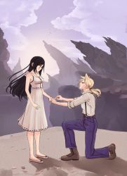 Rule 34 | 1boy, 1girl, absurdres, bare shoulders, black hair, blonde hair, blue pants, breasts, brown footwear, closed mouth, cloud, cloud strife, cloudy sky, couple, dress, eye contact, film grain, final fantasy, final fantasy vii, full body, hetero, highres, holding hands, hugo artist, jewelry, long hair, looking at another, low ponytail, medium breasts, mountain, nibelheim, on one knee, outdoors, pants, marriage proposal, putting on jewelry, red eyes, ring, sky, sleeveless, sleeveless dress, spiked hair, square enix, teardrop, tifa lockhart, white dress