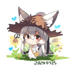 Rule 34 | 1girl, animal ear fluff, animal ears, bag, barefoot, blush, brown hat, bug, butterfly, chibi, closed mouth, commentary request, dated, dress, ears through headwear, flower, fox ears, fox girl, fox tail, full body, grey hair, hair between eyes, hair rings, hat, high ponytail, highres, insect, long hair, long sleeves, looking at viewer, musical note, original, ponytail, red eyes, shoulder bag, smile, solo, spoken musical note, standing, straw hat, tail, very long hair, white background, white dress, wide sleeves, yellow flower, yuuji (yukimimi)