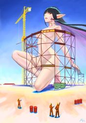 Rule 34 | 1girl, 4boys, absurdres, barefoot, black hair, blunt bangs, clothed male nude female, construction, convenient censoring, crane (machine), darkmuleth, fairy, full body, giant, giantess, hard hat, helmet, highres, long hair, multicolored hair, multiple boys, nude, on one knee, original, outdoors, pointy ears, purple hair, two-tone hair, wind, yellow eyes