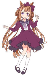 Rule 34 | 1girl, animal ears, black footwear, bow, brown hair, casual, closed mouth, collared dress, dress, frilled dress, frills, full body, hair bow, hair rings, horse ears, horse girl, horse tail, juliet sleeves, kneehighs, long hair, long sleeves, looking at viewer, mary janes, medium dress, necktie, puffy sleeves, purple bow, purple dress, purple eyes, purple necktie, shoes, simple background, smile, socks, solo, standing, suzuki24, sweep tosho (umamusume), tail, twintails, umamusume, white background, white socks