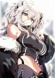 Rule 34 | 1girl, ahoge, aloe (kenkou3733), animal ears, black coat, black nails, black shirt, black skirt, blurry, blurry background, breasts, closed mouth, coat, commentary, cowboy shot, crop top, depth of field, earrings, from below, fur-trimmed coat, fur trim, grey eyes, hair between eyes, hand on own chest, highres, hololive, jewelry, large breasts, lion ears, lion tail, long hair, looking at viewer, midriff, miniskirt, nail polish, navel, necklace, off shoulder, partially unzipped, shirt, shishiro botan, shishiro botan (1st costume), silver hair, skirt, solo, tail, virtual youtuber, zipper skirt