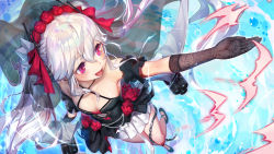 Rule 34 | 1girl, arm garter, azur lane, bare shoulders, bat (animal), black dress, black gloves, black thighhighs, blush, bow, breasts, bridal veil, chain, cleavage, cleavage cutout, clothing cutout, collarbone, dress, dress bow, elbow gloves, fang, fang out, floating hair, flower, from above, from below, gloves, gorgeous mushroom, hair between eyes, hair ornament, hair ribbon, highres, jewelry, light particles, long hair, looking afar, looking away, looking to the side, open mouth, outstretched arm, petals, red eyes, ribbon, rigging, ring, rose, sidelocks, silver hair, silver wings, small breasts, smile, solo, standing, thighhighs, tiara, torpedo launcher, twintails, underwear, vampire (azur lane), vampire (eloi&#039;s blessing) (azur lane), veil, very long hair, wind, window, wings